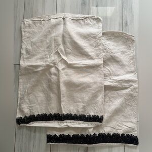 2 West Elm Linen Pillow Cases 20x26  Beige Black Flower Embroidery